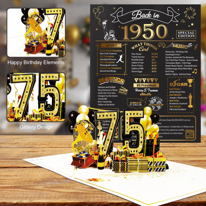 OLOSONG 75th Birthday Card for Men Women, Funny 3D Pop Up 75th Birthday Gifts for Grandma Mom Dad, Back In 1950 Happy 75 Year Old Birthday Decorations Cards for Her Him