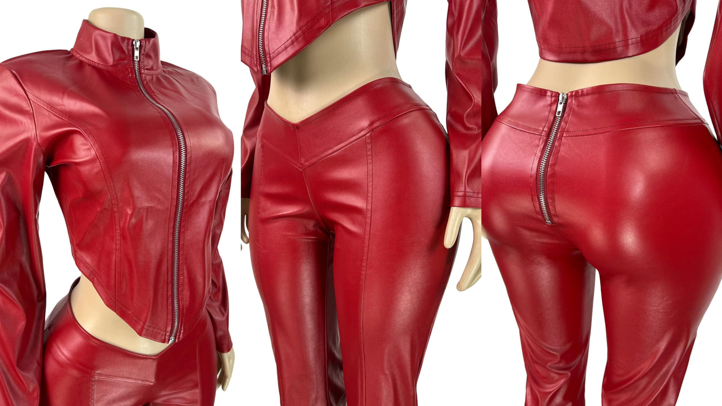 BIUPOS Women’s 2 Piece Sets Zip Up Long Sleeve Leather PU Jacket Flare Pants Set Fall Y2K Streetwear Date Night Club Outfits
