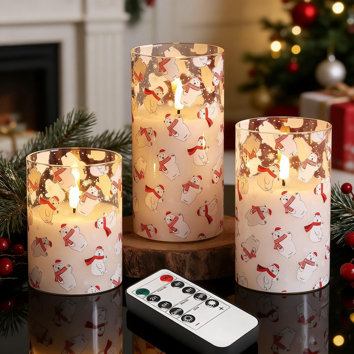 Eywamage Christmas Glass Flameless Pillar Candles with Remote, Flickering LED Battery Candles Bear Holiday Winter Table Decor Gift Set of 3