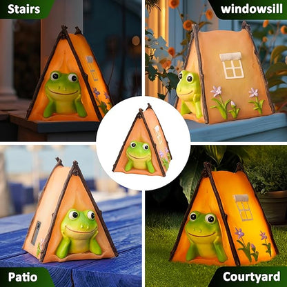 Solar Frog Garden Statues Outdoor Decor, Resin Outdoor Tent Statues with Solar Light, Yard Decorations Outdoor for Patio, Porch, Balcony, Lawn Ornaments, Housewarming Birthday Gifts for Mom Women
