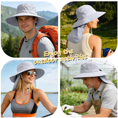 Sun Hats for Men Women, UPF50+ Protection Safari Hat,Wide Brim Fishing Hat with Neck Flap,Bucket Hats for Beach Hiking Lightgrey