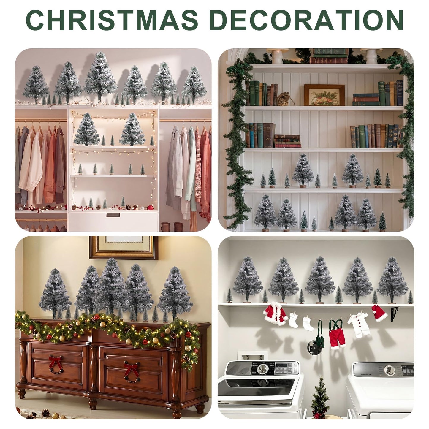 Sanwuta 21 Pcs Above The Cabinet Christmas Tree Decor 6 Flocked Snowy Trees 15 Mini Snowy Brush Trees Over The Cabinet Decorations Winter Xmas Tree for Mantel Bookshelf Table Indoor Kitchen Decor