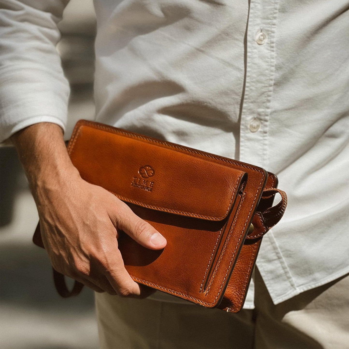 Time Resistance Leather Clutch for Men - Organizer Wrist Bag Briefcase - Handmade in Italy (Cognac Brown) - Gift Box Included