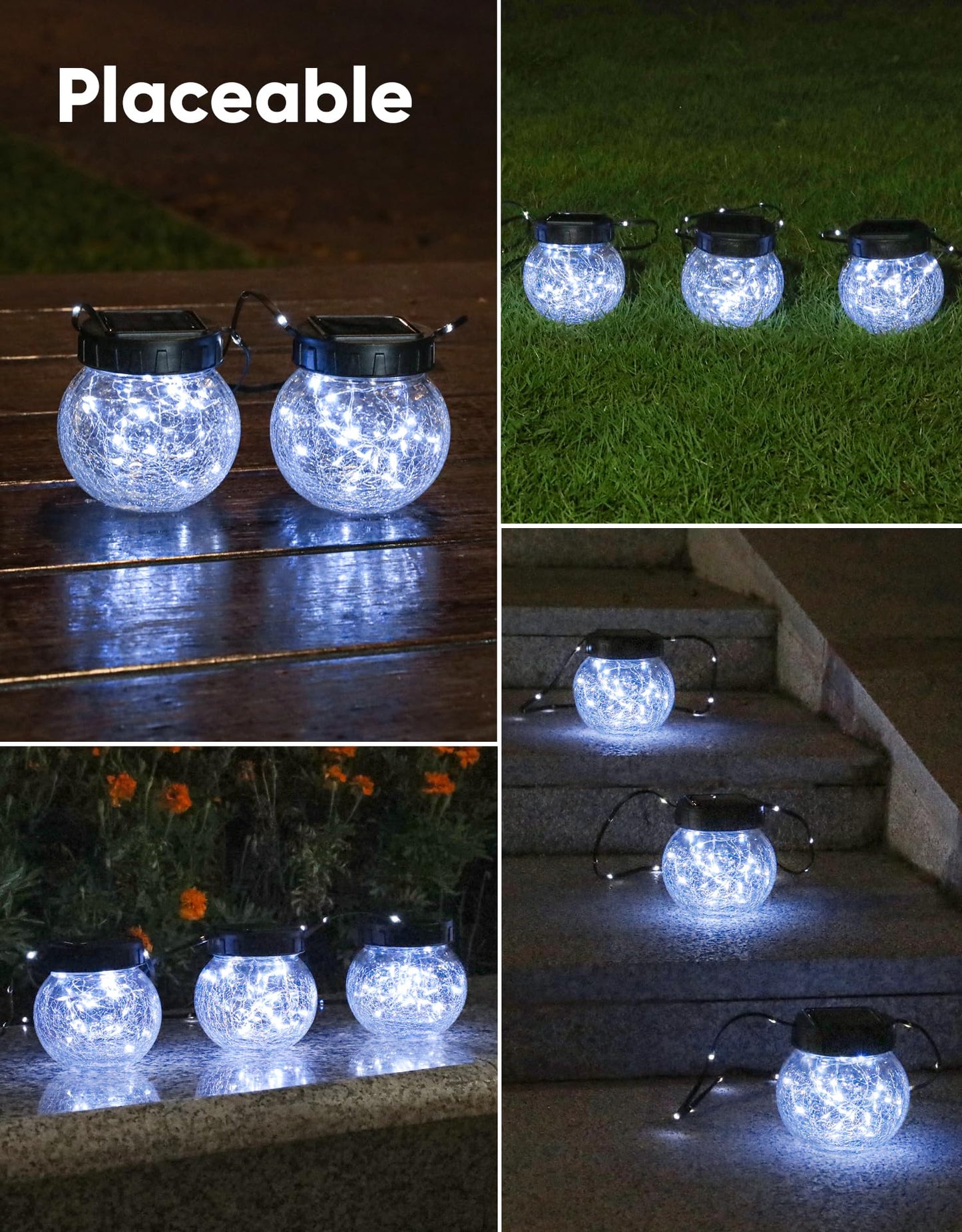 PARTPHONER Solar Lights Outdoor Waterproof 12-Pack, Solar Powered Hanging Lantern Cracked Glass Hanging Globes for Yard Decor Christmas Decoration, Shepherd Hook, Garden Tree Ornaments, Cold White