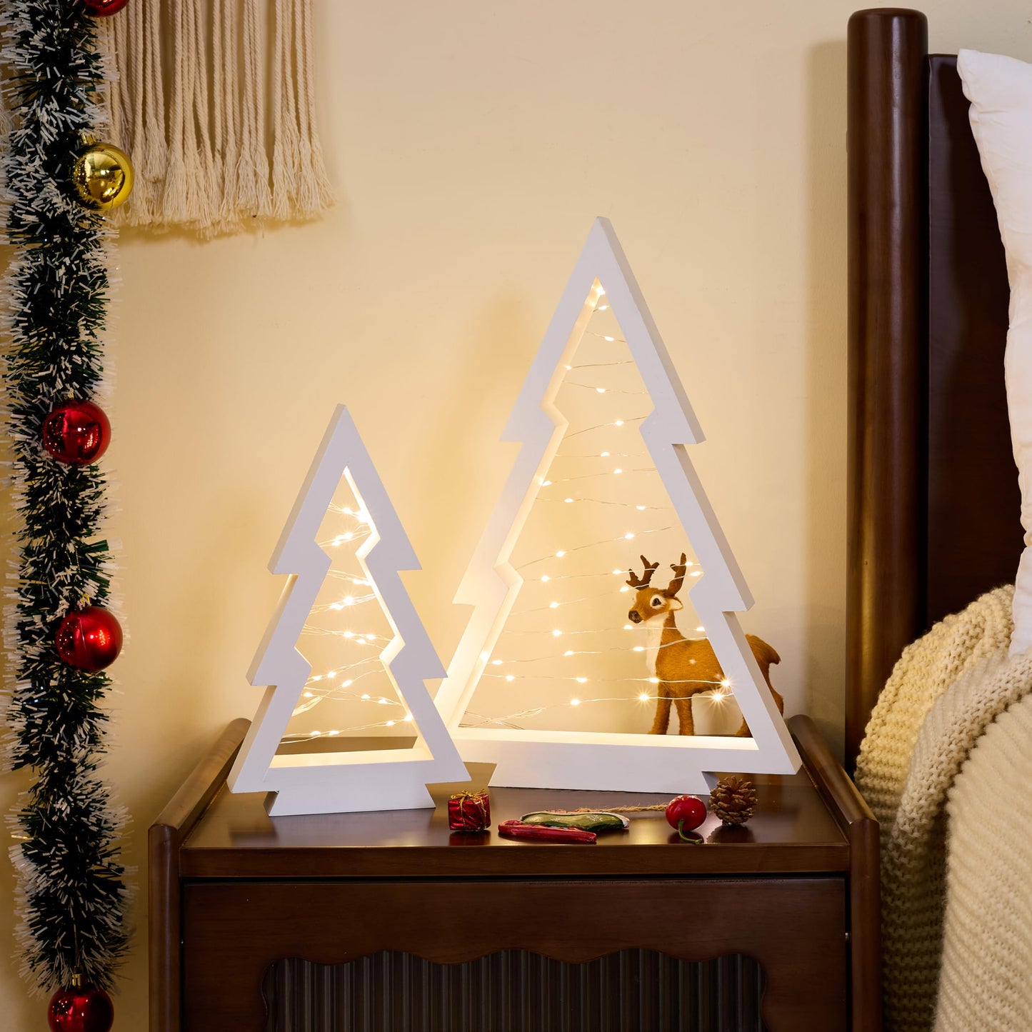 Neoflavie 2 Pcs Wood Christmas Tree with Lights-Modern Farmhouse Lighted Tabletop Christmas Tree Decor for Christmas Holiday Decorations Home Party Table Fireplace Mantle Shelf Decor(White)