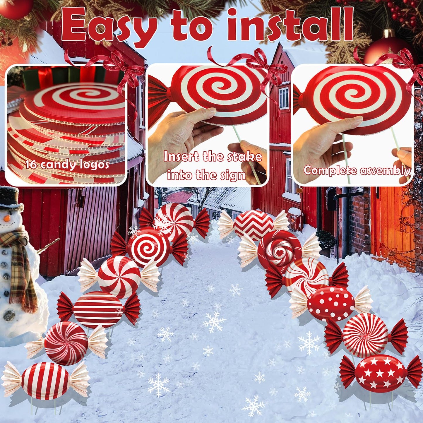 B‌oGlowHaven 12ct Candy Christmas outdoor Decorations‌ Birthday Decorations Waterproof Corrugated Cardboard Yard Signs with 24 Plastic Stakes 17 inch Holiday Pathway Decor for Garden Walkway and Party