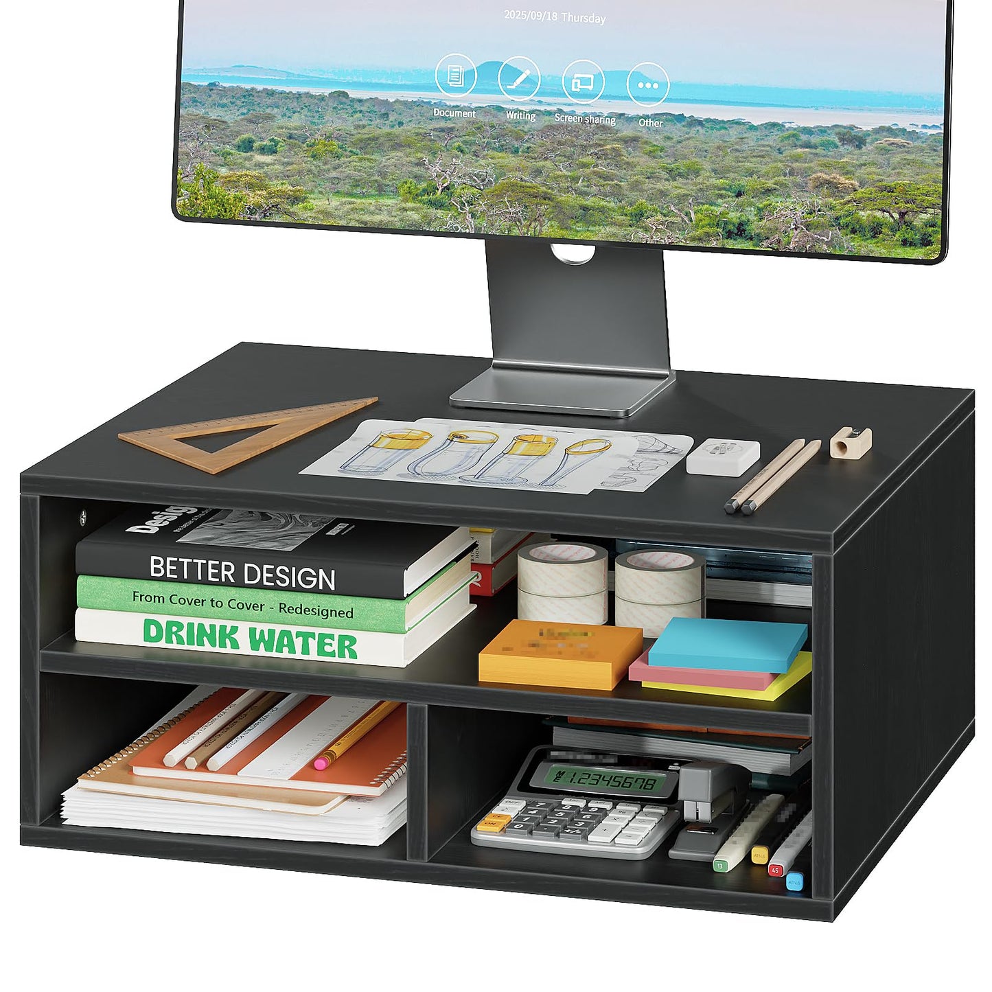ALISENED Printer Stand for Desk, 2-Tier Wooden Desk Organizer with Adjustable Compartments, Heavy Duty Desktop Stand for Printer Scanner Monitor, Space Saving Office Organization and Storage, Black
