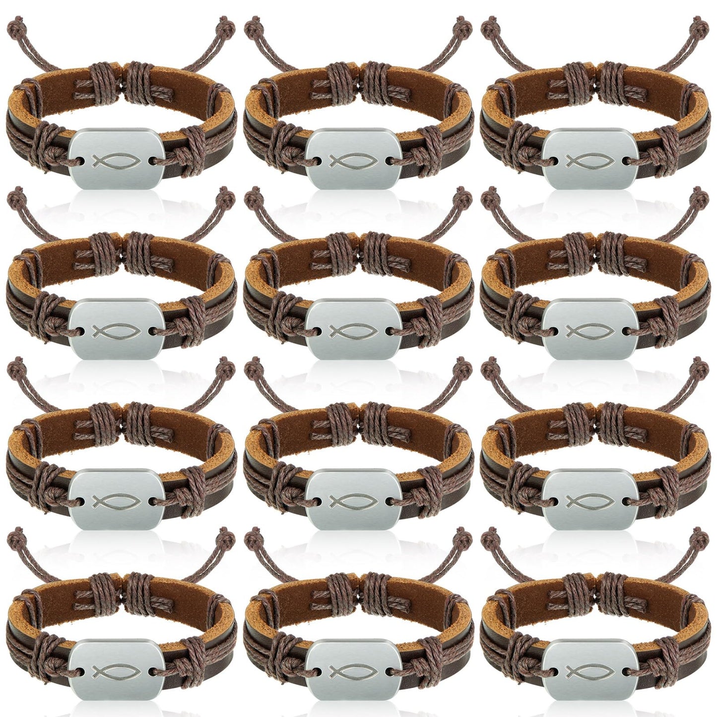 Landical 12 Pcs Fish Bracelet for Men First Communion Confirmation Gifts Men's Leather Wrap Fish Bracelet for Jesus Christian Charms Fishers Bracelets Bulk for Women