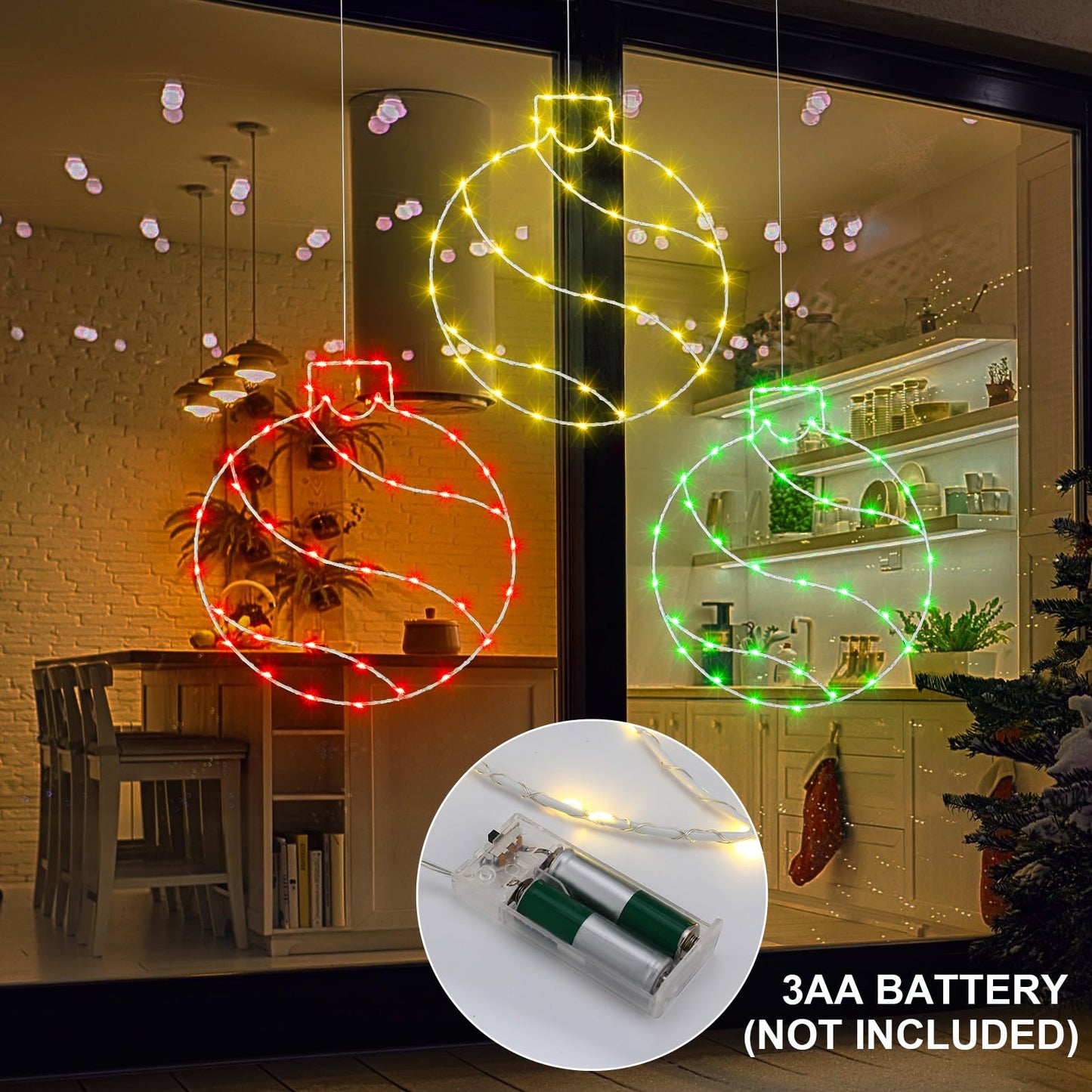 Jinei 3 Pieces 11.8 Inch Window Lights Christmas Ball LED Light Lighted Christmas Ball Window Lights with 50 Bulbs for Holiday Indoor Wall Door Decorations Red Dreen Gold(Ball)