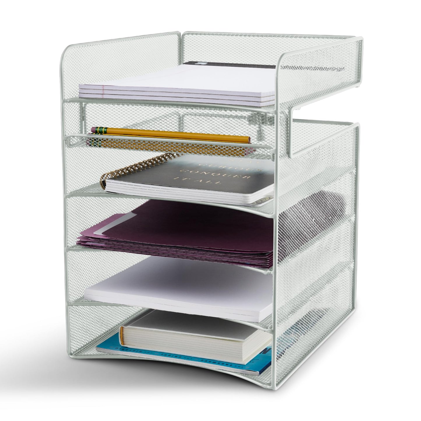 Safco Onyx Hanging Desktop Organizer with 5 Horizontal Trays, Under-Desk Storage. Fits Tables 1.75" Thick and Under, Silver