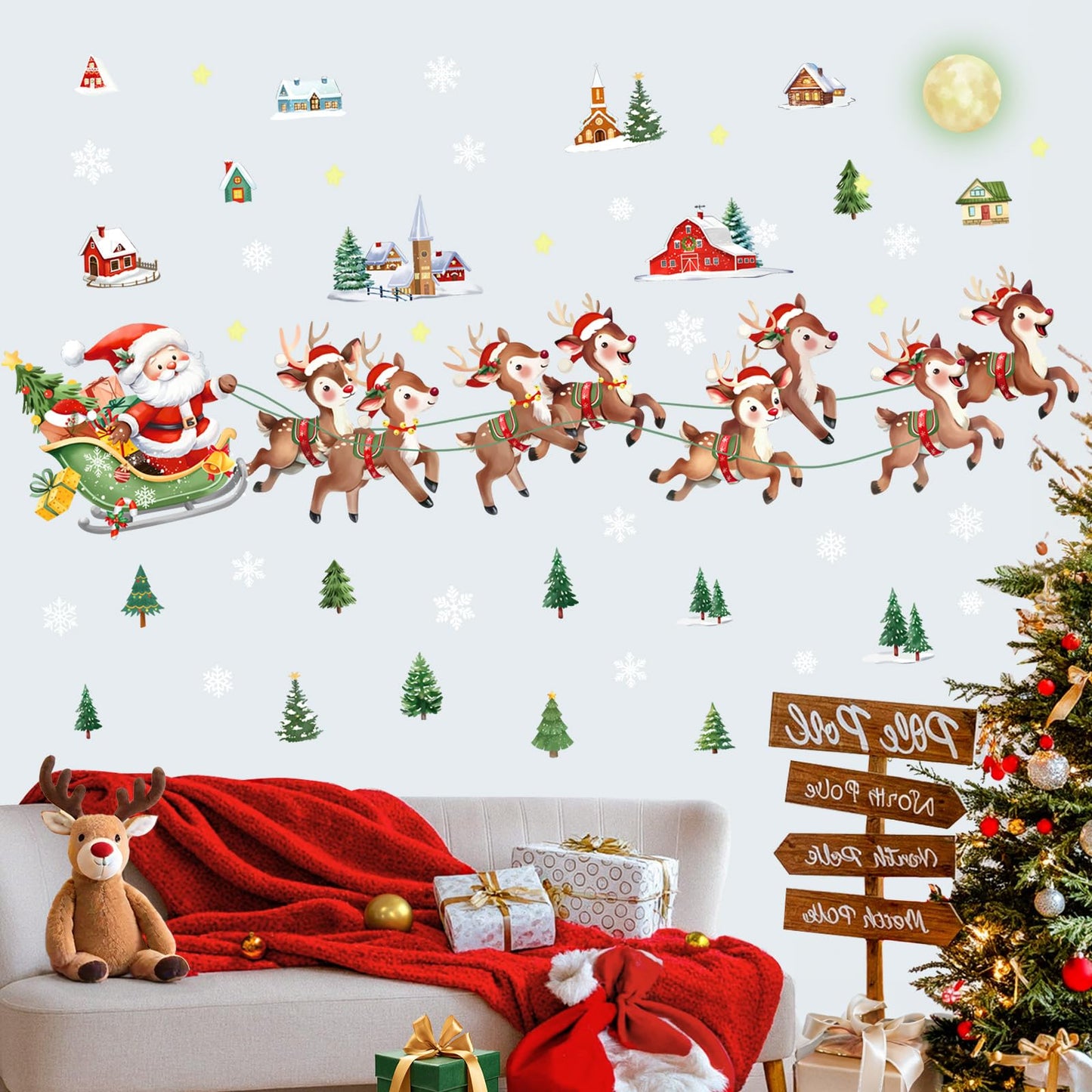 decalmile Christmas Santa Claus Reindeer Window Wall Decals Winter Xmas Tree Wall Stickers Snowflake House Window Clings Christmas Party Window Showcase Door Decorations