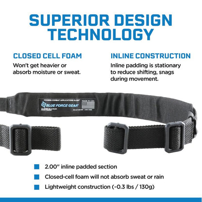Blue Force Gear Vickers Padded Sling - 2-Point Tactical Rifle Sling - Nylon Hardware - Black