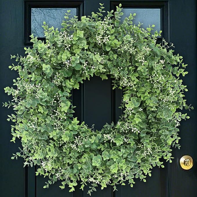 26'' Eucalyptus Wreath for Front Door - Large Artificial Eucalyptus Leaves with White Seeds Greenery Outdoor Wreath for Porch,Window,Farmhouse,Home,Hanging Decor- Spring, Summer, All Seasons (Green) ﻿