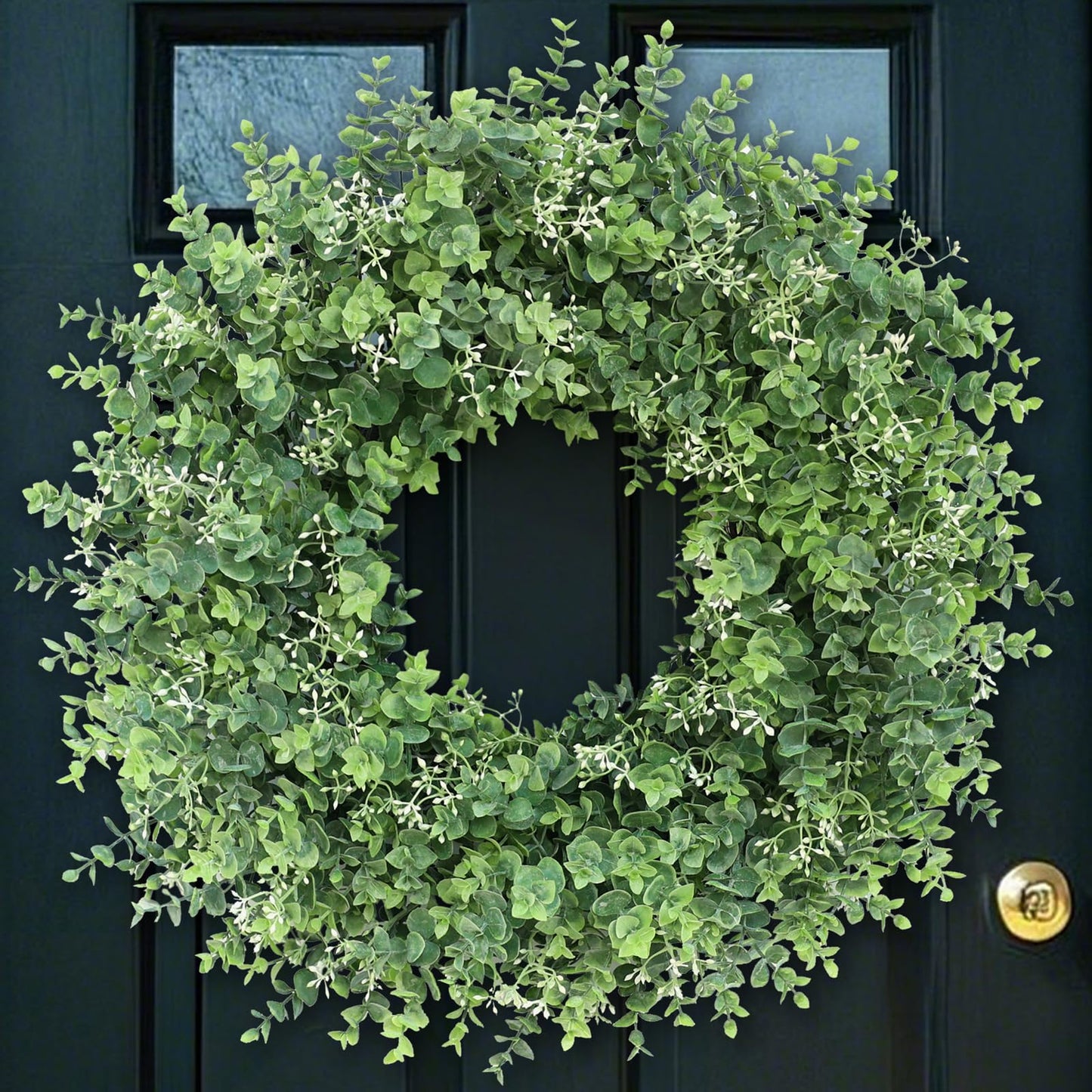 26'' Eucalyptus Wreath for Front Door - Large Artificial Eucalyptus Leaves with White Seeds Greenery Outdoor Wreath for Porch,Window,Farmhouse,Home,Hanging Decor- Spring, Summer, All Seasons (Green) ﻿