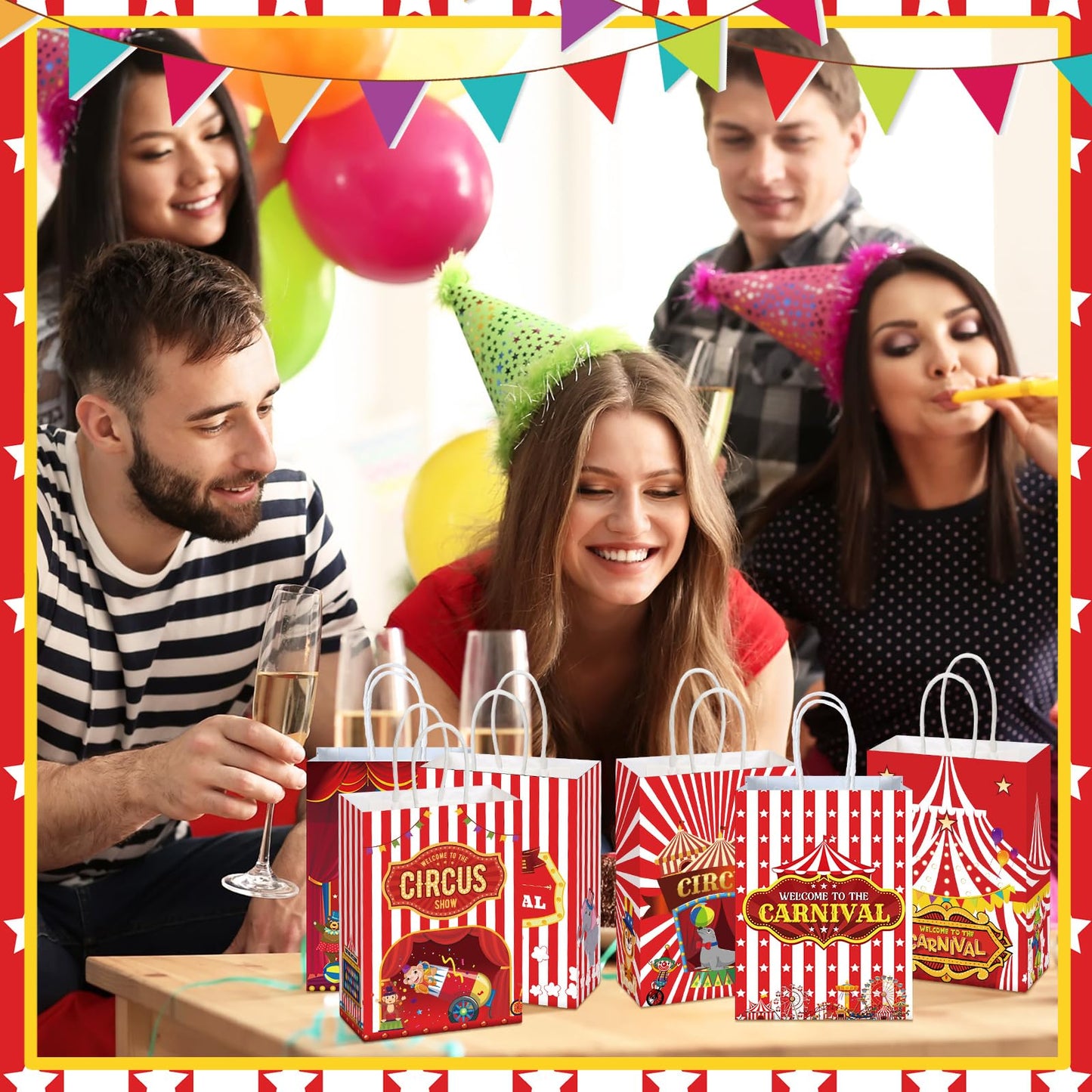 Kolldenn 48 Pcs Carnival Party Favor Bags Circus Gift Goodie Paper Bags with Handles Red White Stripe Circus Treat Candy Pouch for Carnival Party Supplies Birthday Mardi Gras Decorations