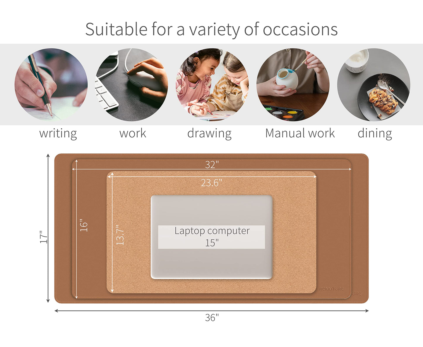 RENMTURE Dual-Sided Desk Pad, Natural Cork & PU Leather Large Mouse mats for Office and Home Work, Desk Protector Non-Slip, Waterproof, Easy Clean (Brown, 36"x17")