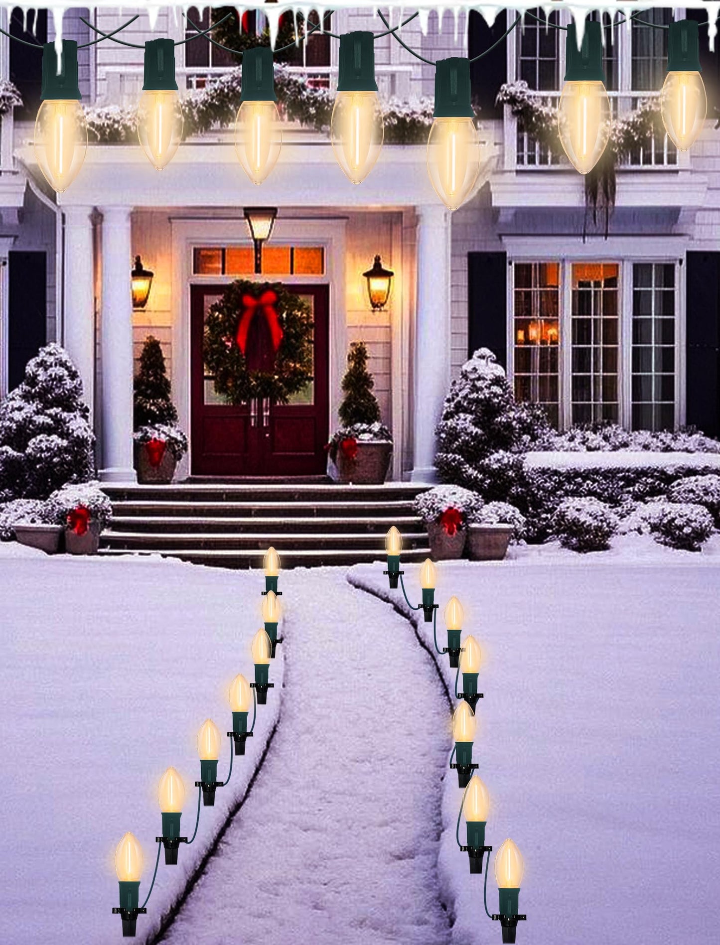 C9 Christmas Pathway Lights Outdoor 38Ft Connectable C9 LED Christmas String Lights with 25 LED Warm White Stakes Lights for Walkway Outdoor Yard Driveway Lawn Decorations