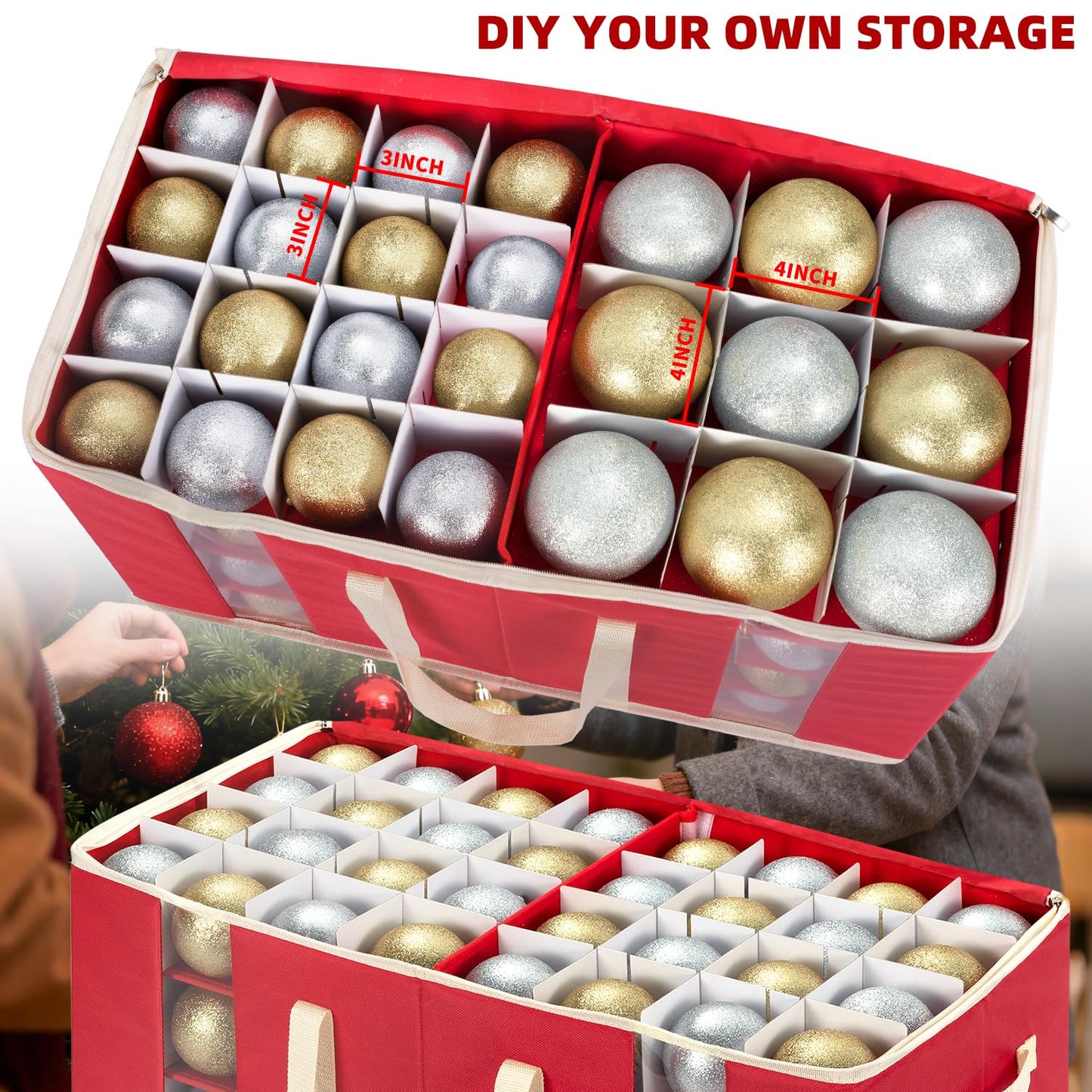 JY COOKMENT Christmas Ornament Storage Box with Adjustable Dividers, Large Holiday Ornaments Storage Container Bin with Zippered Top for Xmas Decorations (128-3" Balls, Red, Without Tray)