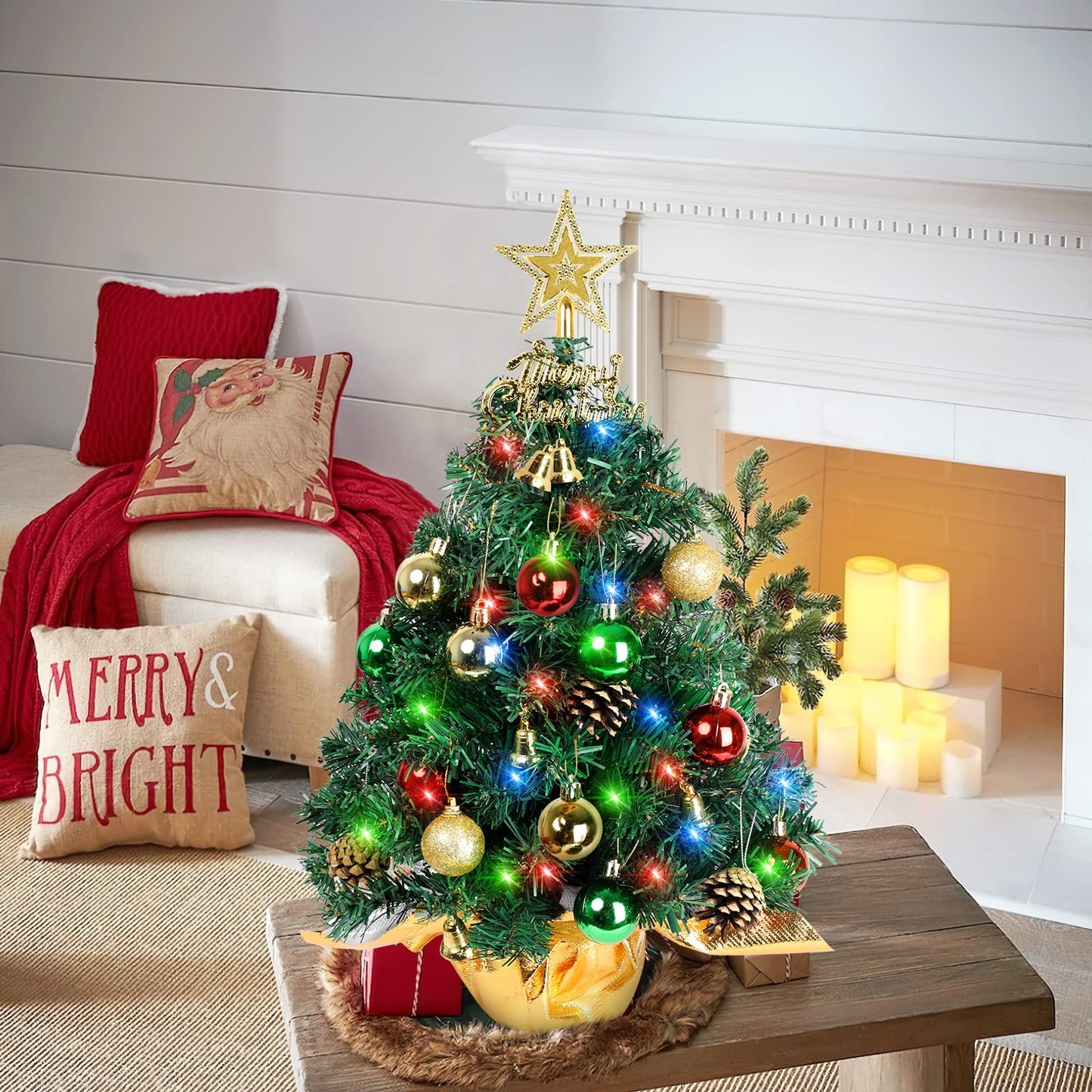 AGIRL Tabletop Christmas Tree 22 Inch Mini Artificial Christmas Tree with 30 LED String Lights, Star Tree, Tabletop Small Xmas Tree for Holiday Indoor DIY Christmas Decor