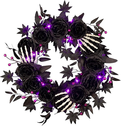 National Tree Company, 24inch Artificial Bad to The Bone Halloween Wreath, 30 Purple LED Lights,