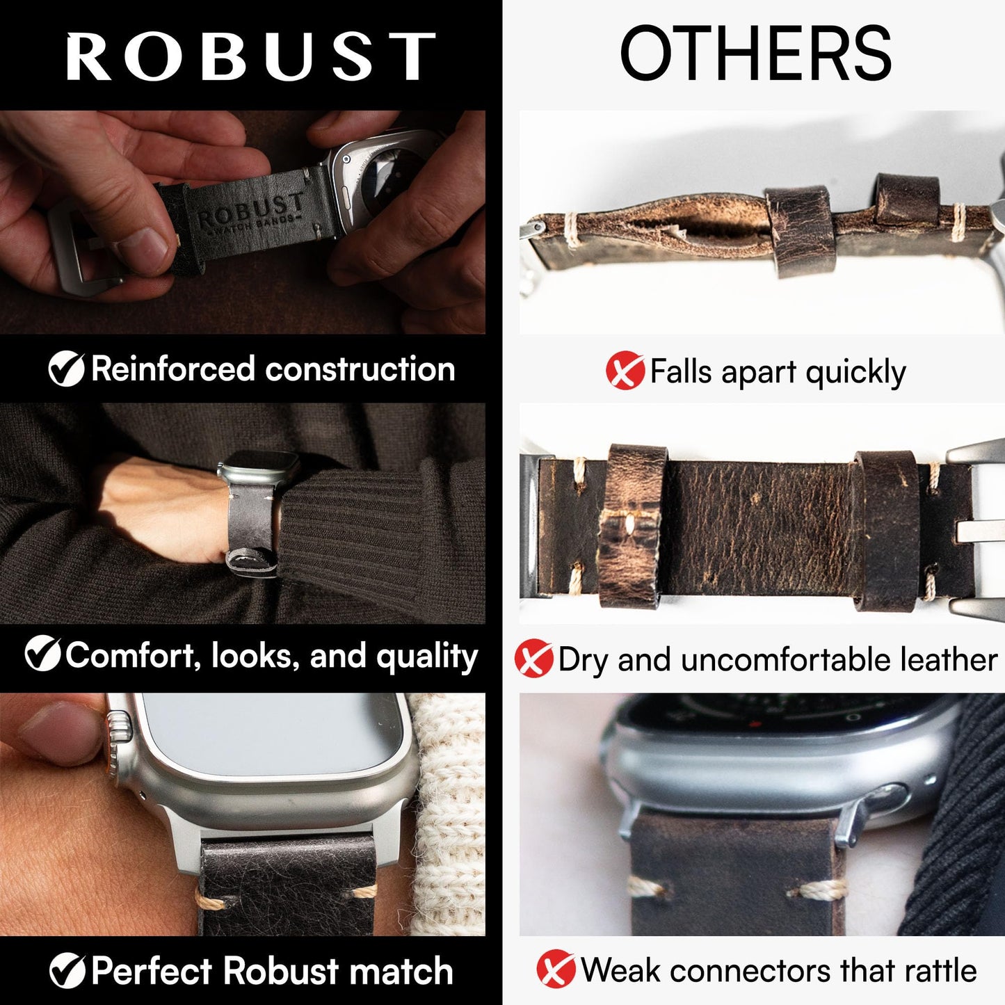 Robust Genuine Leather Watch Band for Men - Compatible with Apple Watch Bands 49mm, Black Leather Replacement Strap for iWatch Ultra 2/1 SE, SE 2 Series 10 9 8 7 6 5 4 - With Natural Titanium Hardware