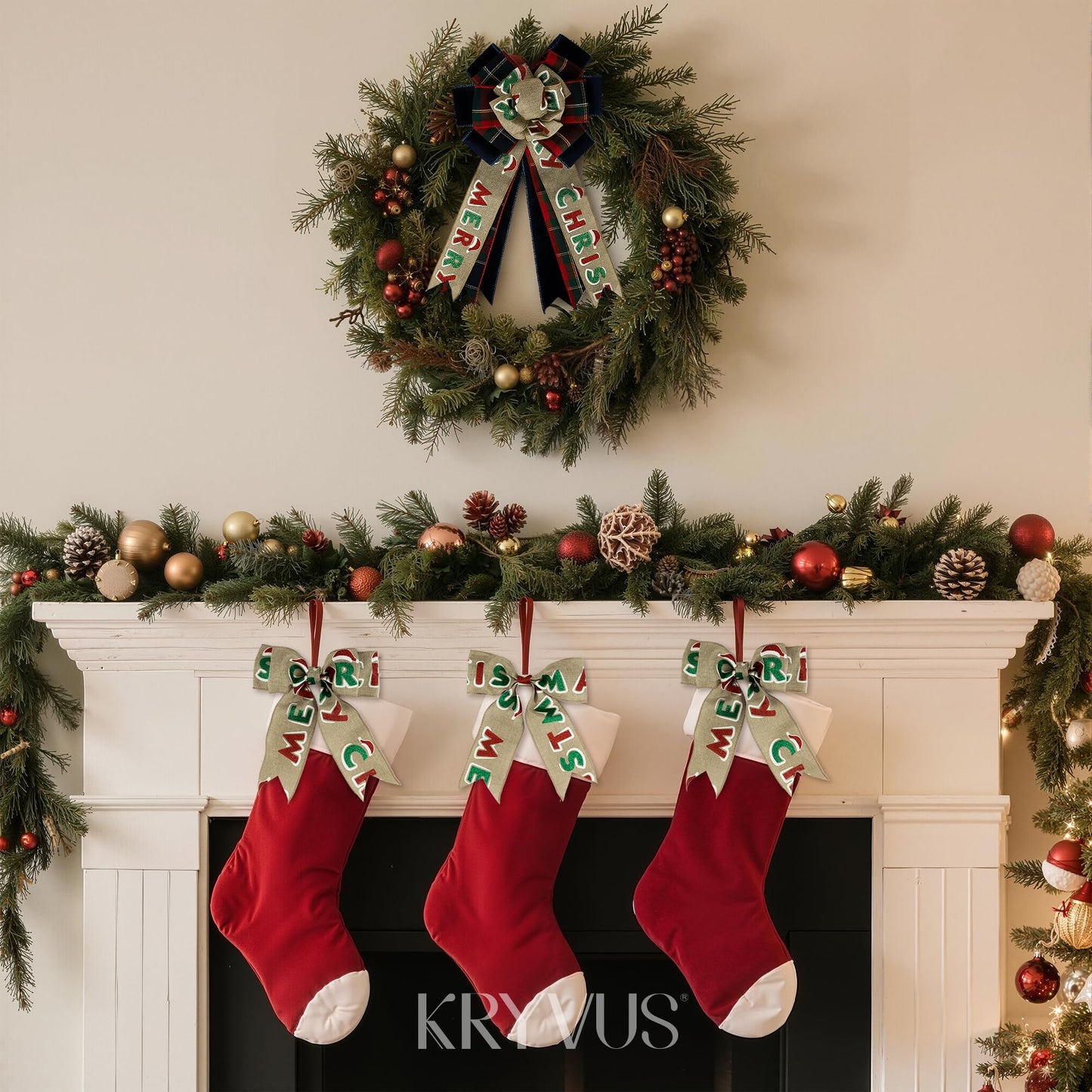 Kryvus Christmas Wired Ribbon, 2.5 Inch x 10 Yards Merry Christmas Ribbon for Wreaths, Tree Decorations, Gift Wrapping and Holiday Crafts, Natural Linen Ribbons with Wired Edge
