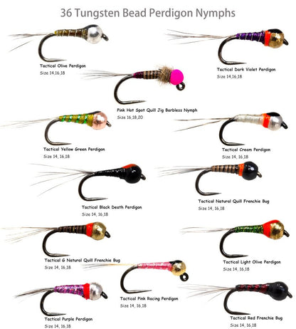 36 Effictive Tungsten Bead Perdigon Nymphs Fly Fishing Flies Assortment | Trout and Grayling Fishing Lure | Waterproof Fly Box