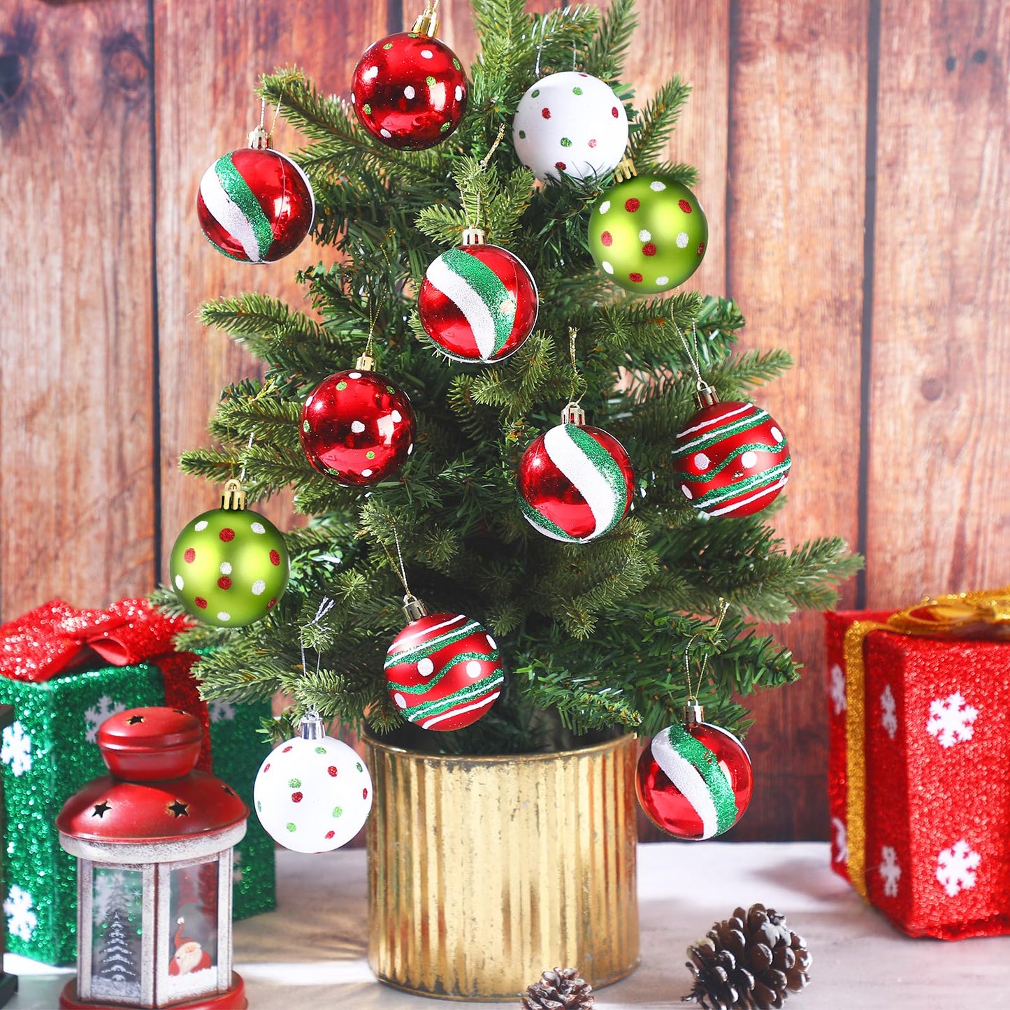 Beeveer 12 Pcs Christmas Tree Ornaments 2.4 Inch Glittering Red Green White Swirl Candy Cane Balls Plastic Pendants for Xmas Party Decorations