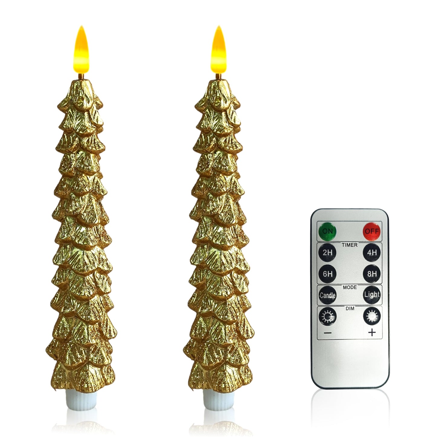 XINAOBAOLUO 10 in Gold Christmas Tree Flameless Candle Window Candles with Remote Timer Battery Operated Taper Candle LED Taper Candles Set of 2