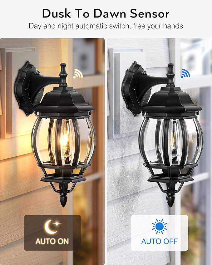 VIANIS Outdoor Porch Light Dusk to Dawn, Black Exterior Lighting Fixtures Wall Mount for House, Modern Outdoor Wall Sconce Lantern for Front Door, Patio, Anti-Rust Waterproof Coach Lights for Garage