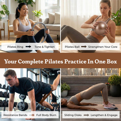 Prospervere Premium Pro Pilates Kit – 15 inch Pilates Ring and Ball Set w/ 1lb Ankle Weights, Fabric Resistance Bands, Sliders, Yoga Socks & Gym Bag – Mocha Drive (Brown/Gray)