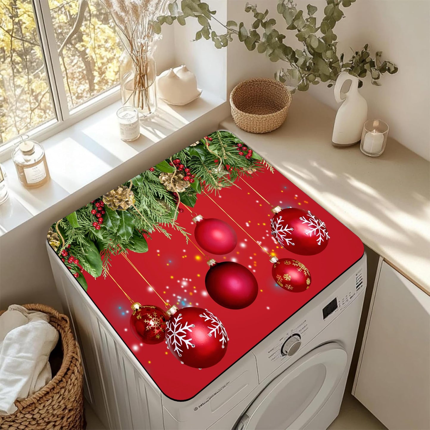 Christmas Fir Twigs and Red Balls Washer and Dryer Covers For The Top, Non-slip Fast Drying Absorbent Dryer Top Protector Mat for Kitchen Laundry Room Decor,23.6"x19.7"
