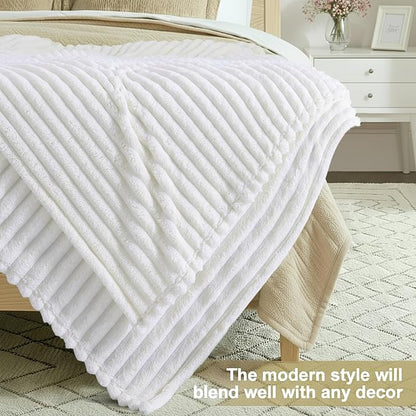 decorUhome Soft Fleece White Twin Blanket for Bed, Cozy Fluffy Plush Flannel Striped Throws for Couch Sofa, Lightweight Decorative Ribbed Fuzzy Blanket for Woman, 60x80 Inches