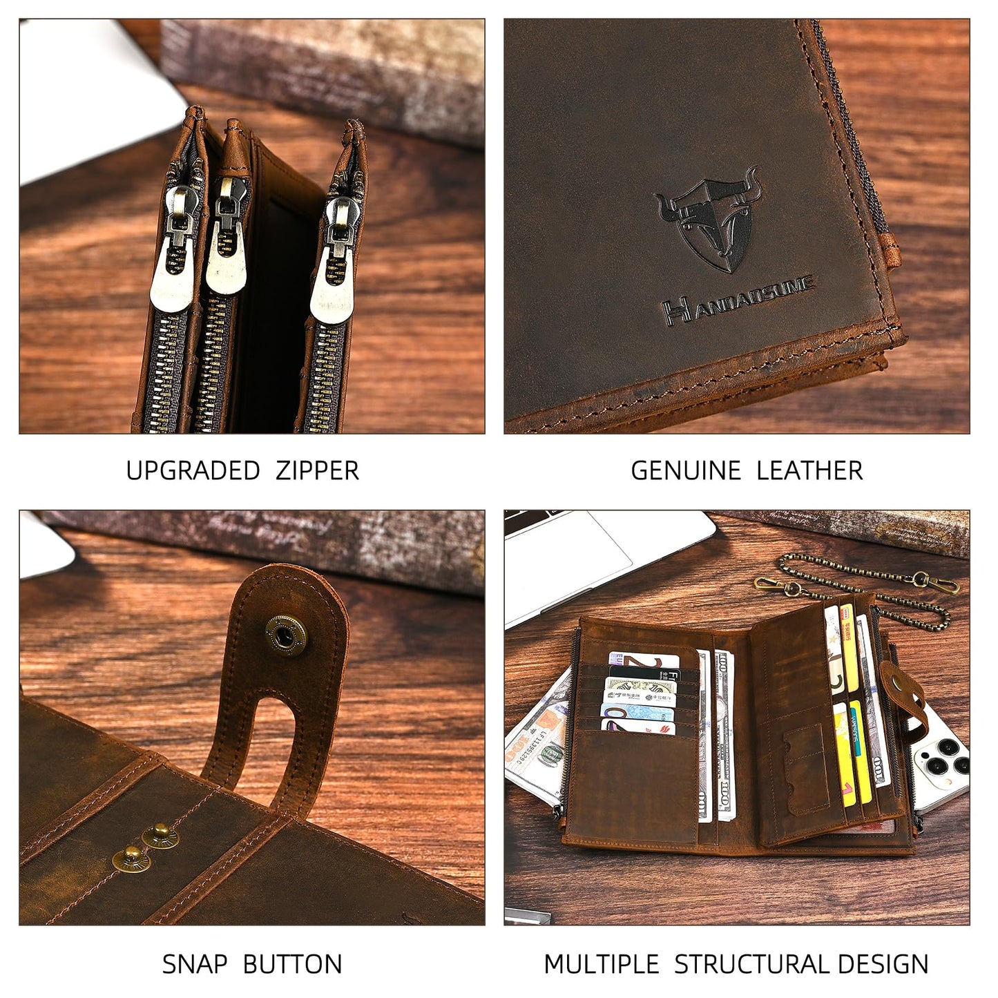 Handadsume Genuine Crazy Horse Leather Travel Gift Coin Pocket Card Case Long Organizer Chain Rfid Wallet Purse With Snap For Men Male 1803 1815 (1815 Brown)