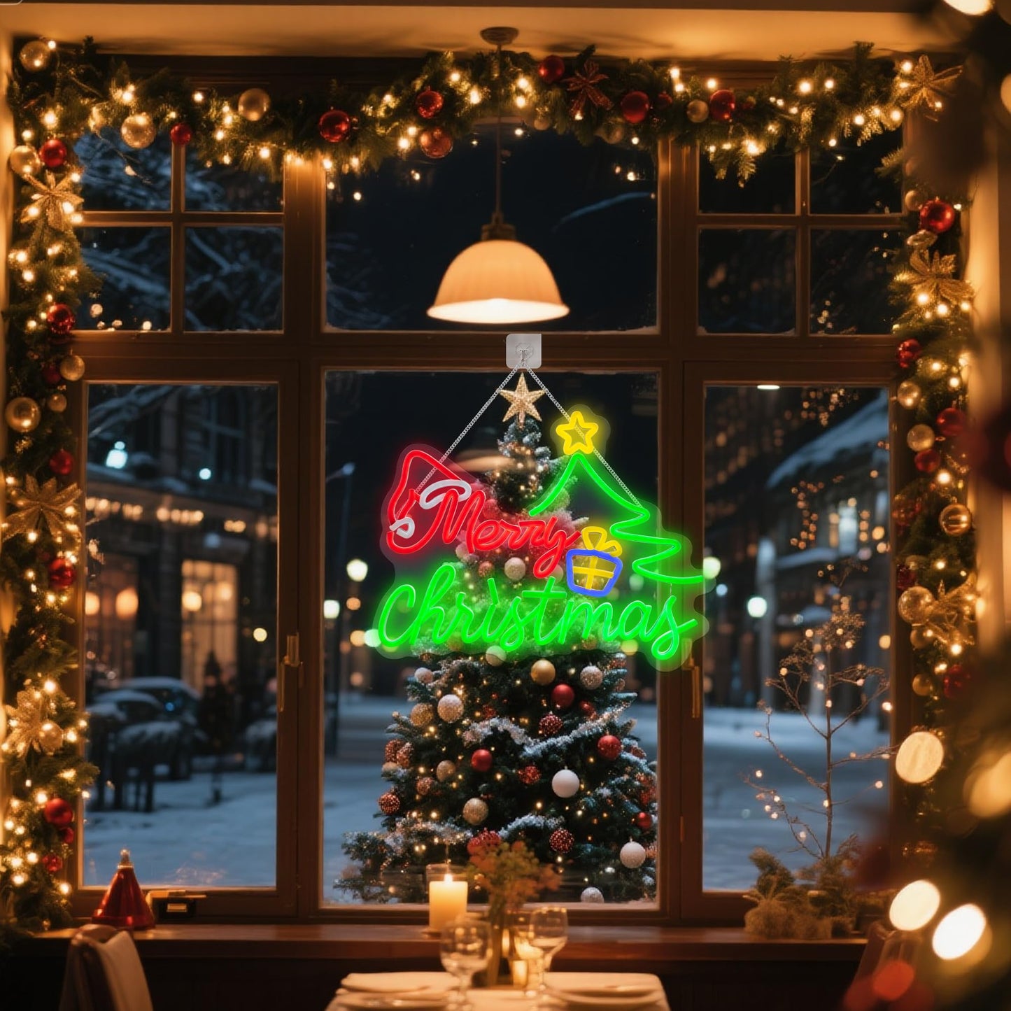 Merry Christmas Neon Sign for Decor, Neon Window Light with Xmas Tree Art Santa Hat, 16.4"x12.6" Wall Decoration for Christmas Party Bar Pub Club Kids Bedroom Decorations Family Gifts, USB Powered