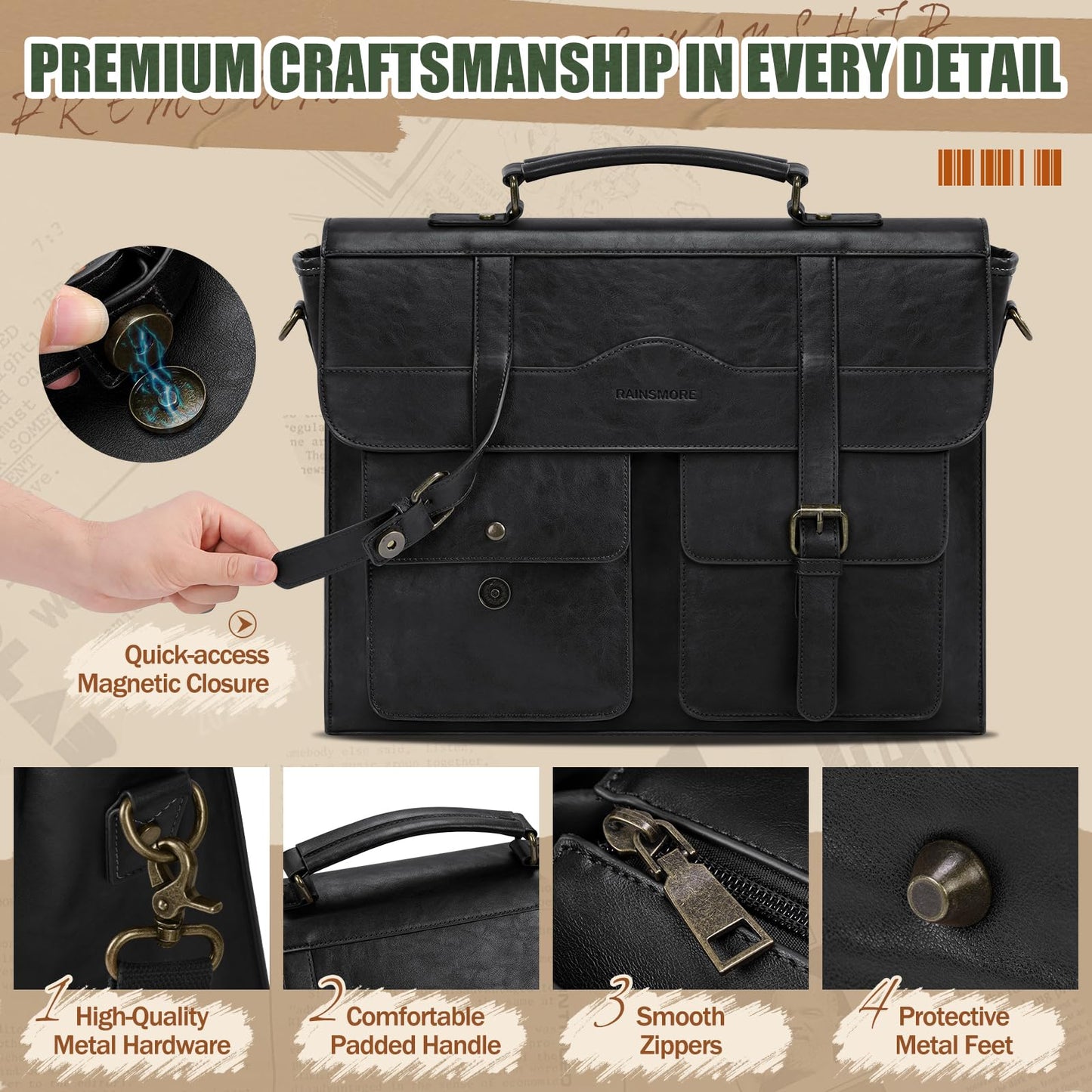 RAINSMORE Mens Messenger Bag 17 Inch Vintage Leather Laptop Briefcase Magnetic Closure Large Satchel Computer Shoulder Bag for Office Travel College, Black