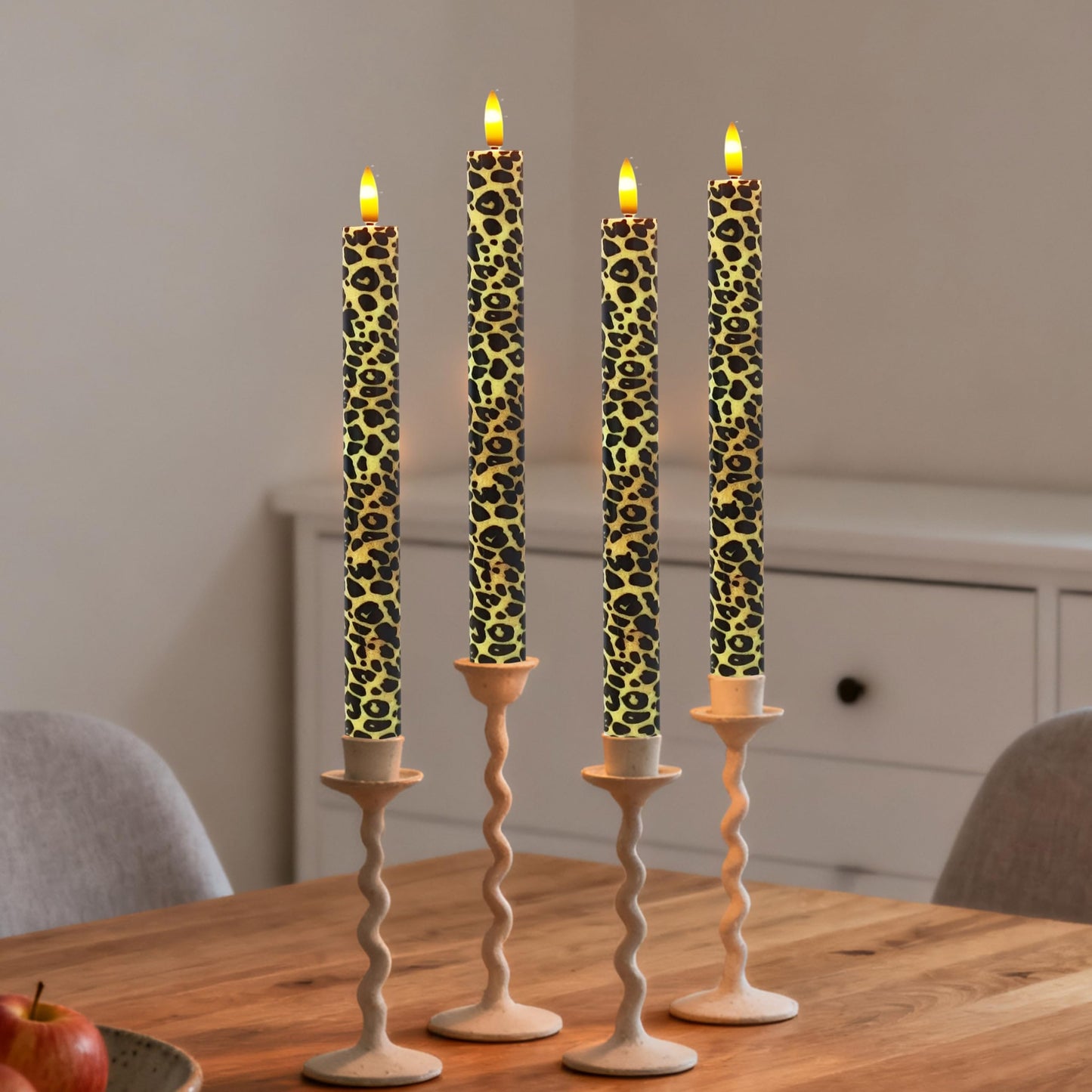 SEUCRWAX 10 Inch Flameless Taper Candles,LED Candlesticks Battery Operated with 10-Key Remote and Timer,4p Flame Lights for Wedding Decoration Party(Leopard)