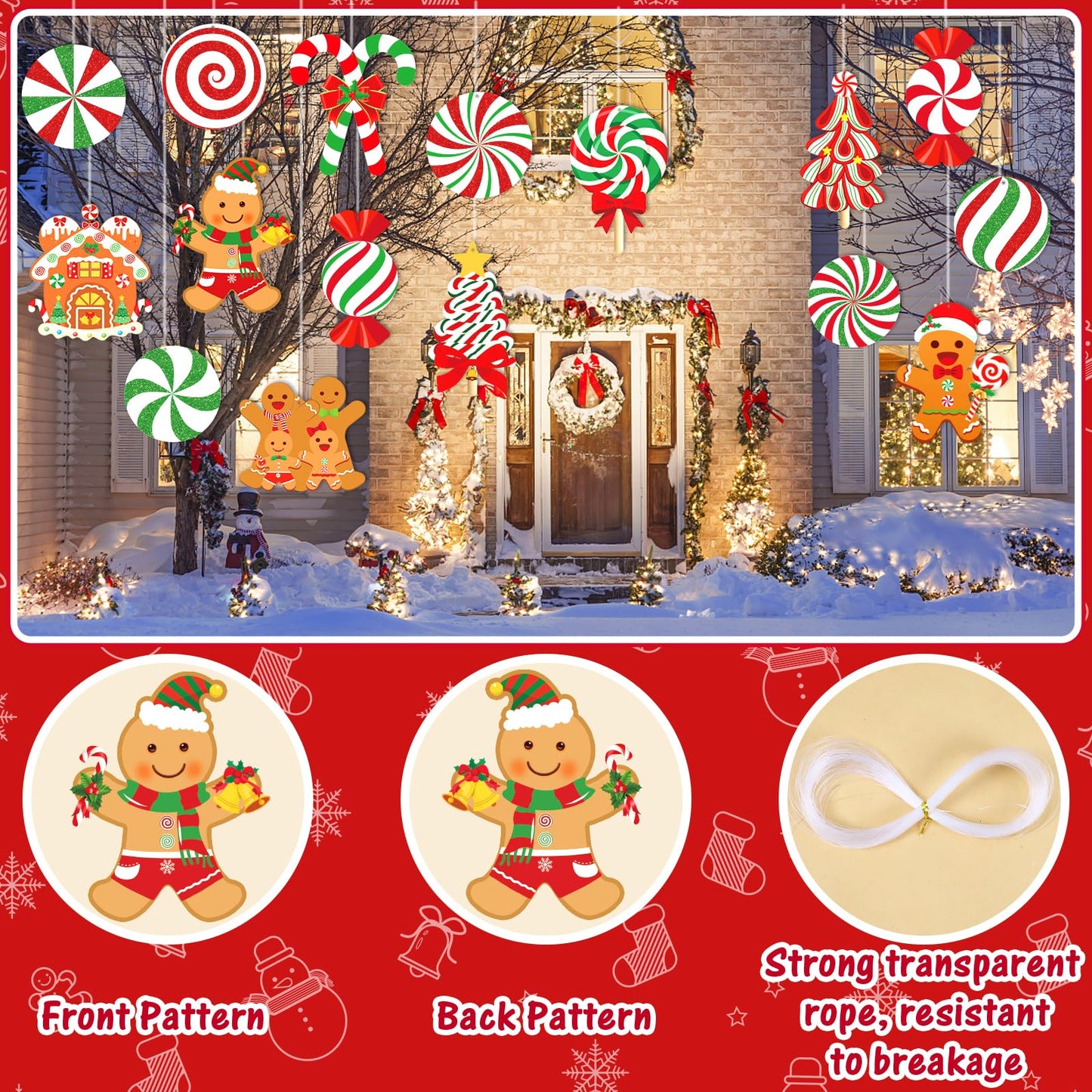 18pcs Large Candy Gingerbread Christmas Decorations Outdoor Hanging Yard Candy Gingerbread Men House Christmas Ornaments Thick Plastic for Yard Porch Christmas Tree Decorations