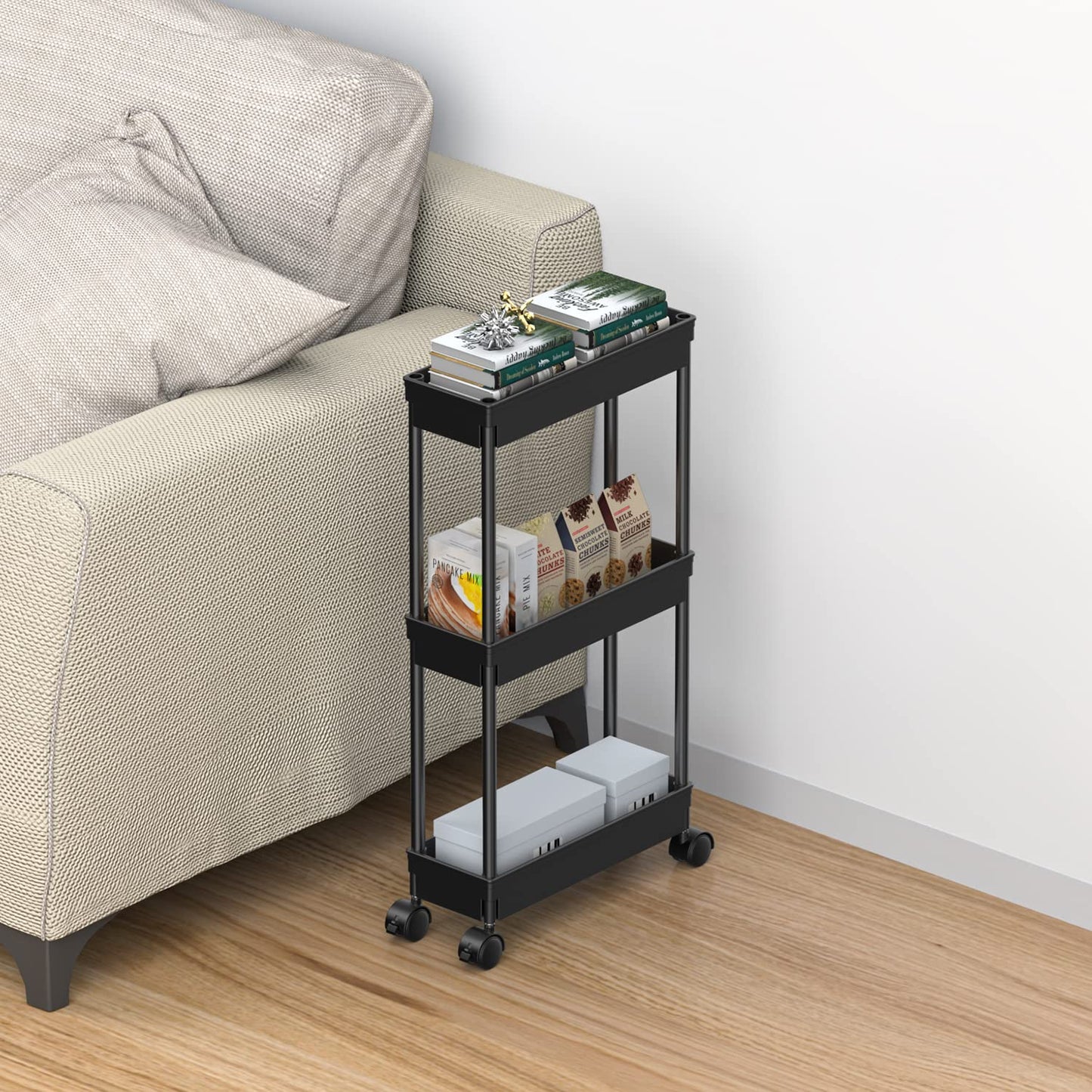 Sooyee 3-Tier Rolling Cart with Wheels, Slim Narrow Storage Cabinet, Under Desk Storage Organizer for Office, Bathroom, Kitchen, Laundry Room, Narrow Places, Black