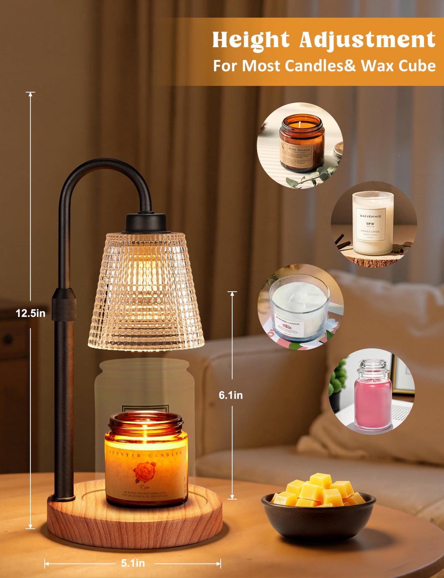 Innqoo Rustic Candle Warmer Lamp with Timer, Dimmable Candle Warmer for Jar Candles, Height Adjustable Wax Melts Warmer, Birthday Gifts for Women Mom, House Warming Gifts New Home Decor