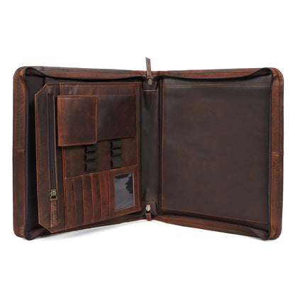 Leather Portfolio for Men, Portfolio Organizer with Zipper for Men Women, Leather Padfolios Business Resume Legal Pad Notebook Binder for A4/Pad (Brown)