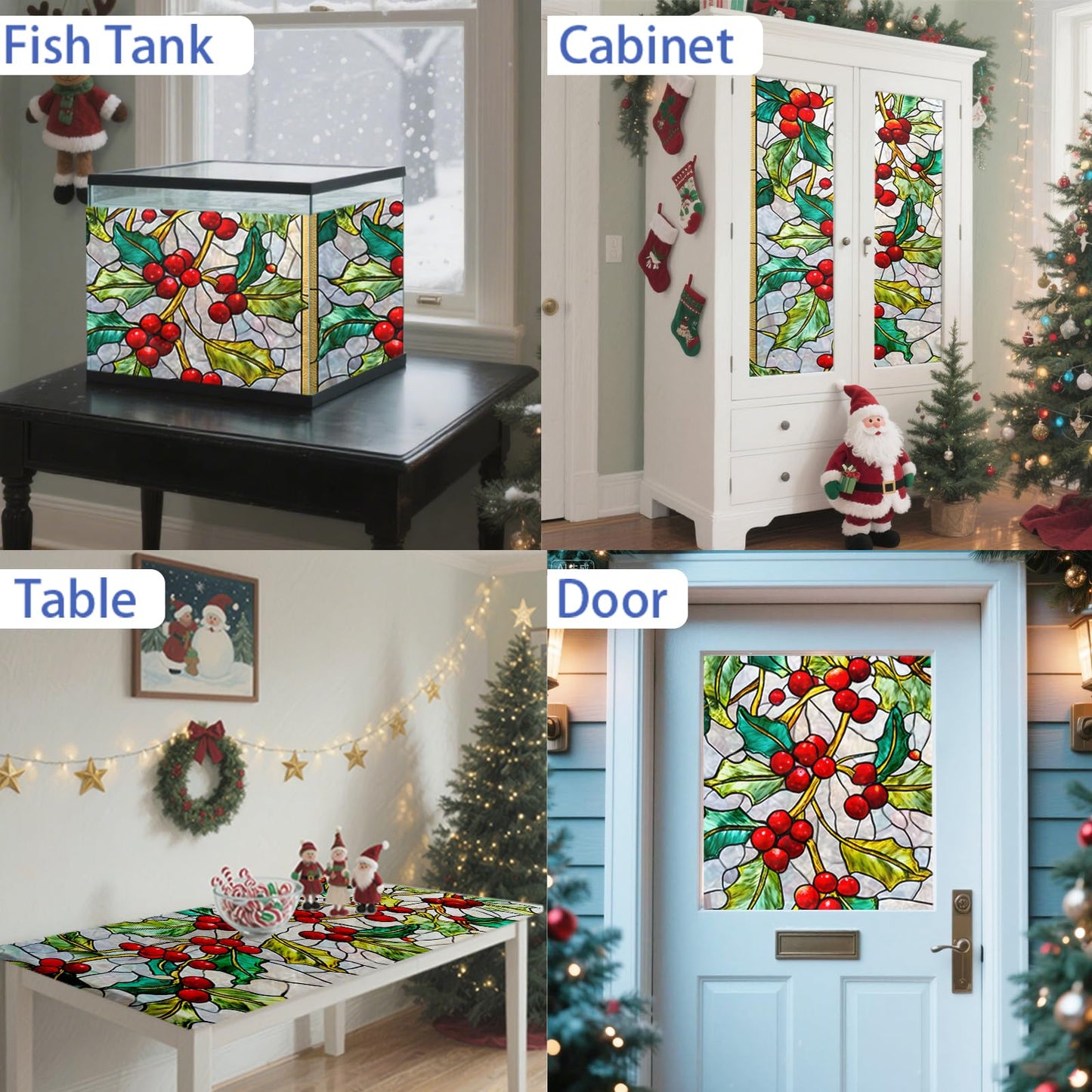 Nuxovilar Stained Glass Christmas Window Films, 17.5×39.7inch, Holiday Static Decorations for Seasonal Ambiance in Living Room, Office or Storefront - Red Mosaic Christmas Tree with Gold Star -Sparkle