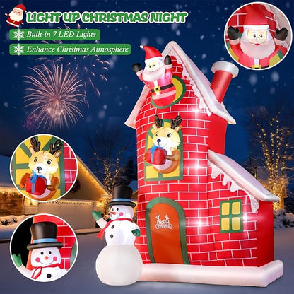 12FT Christmas Inflatable Outdoor Decoration, Huge Christmas Castle with Santa Snowman and Reindeer with Built-in LED Lights, Giant Blow Up House with Chimney for Xmas Decor Lawn, Yard, Party