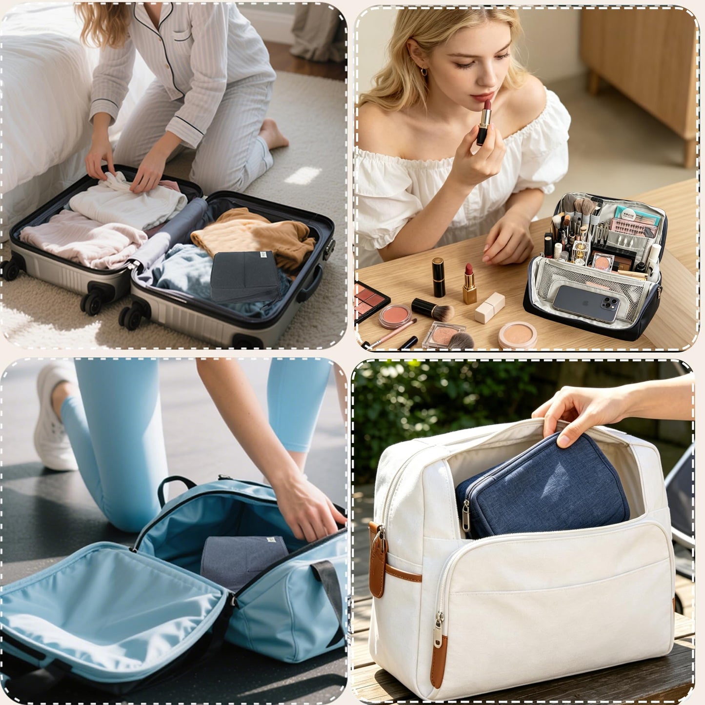 Geelraqaly standing Makeup Bag, Compact Yet Spacious Cosmetic Organizer, Waterproof Toiletry Bag with Divider, Brush Holder, Upright Design & Phone/Mirror Holder, Portable Travel Case,black