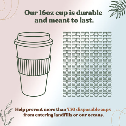 FEBU Plant-Based Reusable Coffee Cup with Lid and Sleeve | 16oz, Moon Black | Portable Travel Mug made from Bamboo | Dishwasher Safe, Compostable, Plastic Free with Leak-Proof Screw-on Lid
