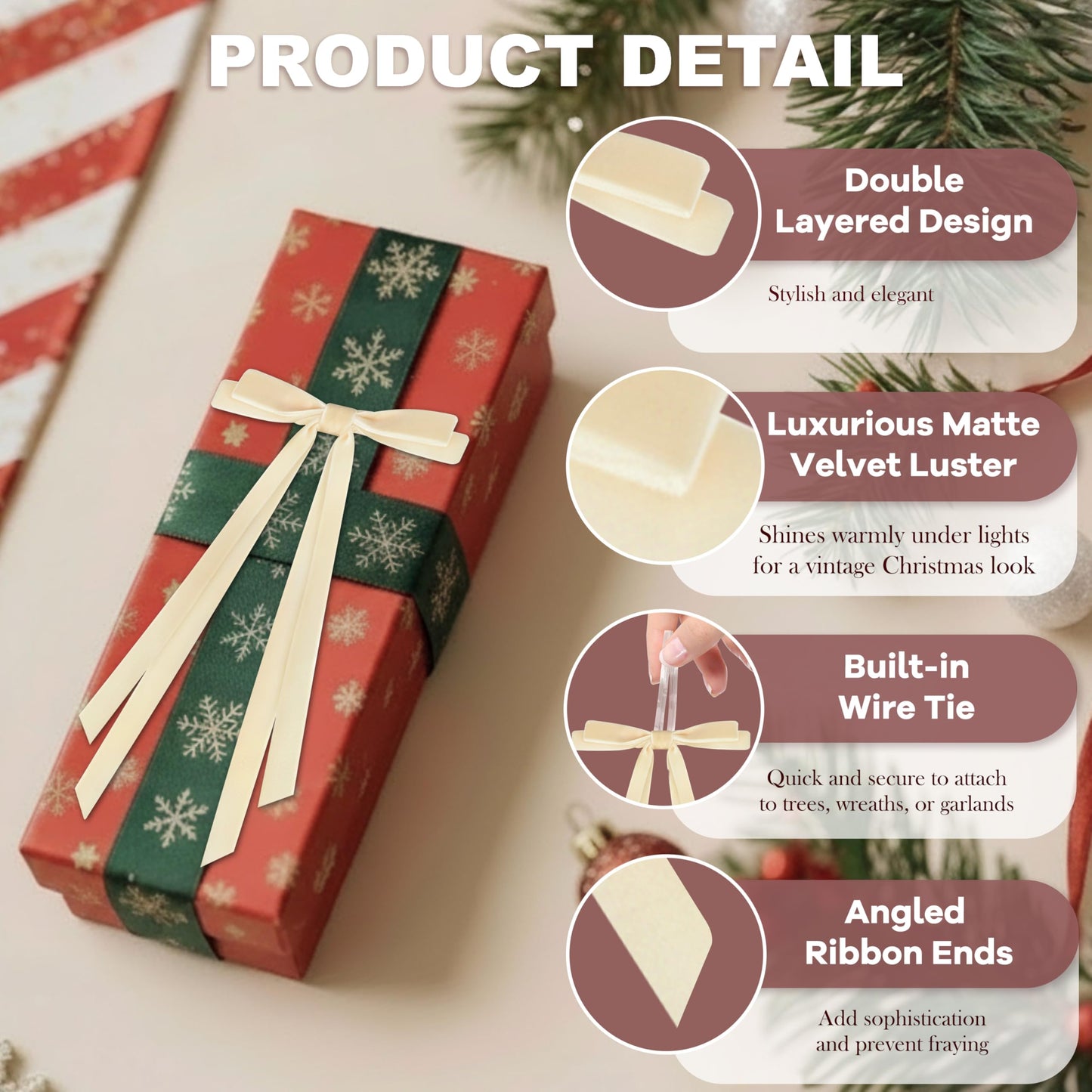 CUPLOOV 24pcs Velvet Bows for Christmas Tree, Pre-Tied Beige White Bow for Xmas Trees Wreaths Gifts Wedding Indoor Outdoor Neutral Decorations, 5 x 7 Inch