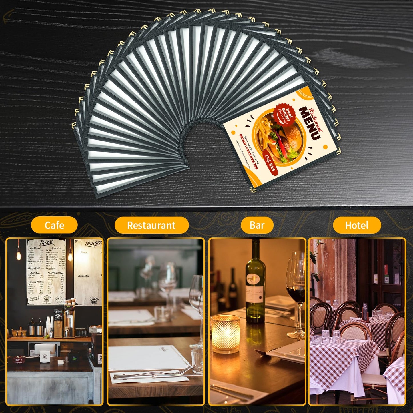 FLKQC Menu Covers 8.5 x 11 | Pack of 30 Restaurant Recipe Menu Covers Transparent Restaurant Menu Covers for Kitchen, Drink, Wine Menu Covers Black (8.5"x 11" (4 Pages, 8 View))