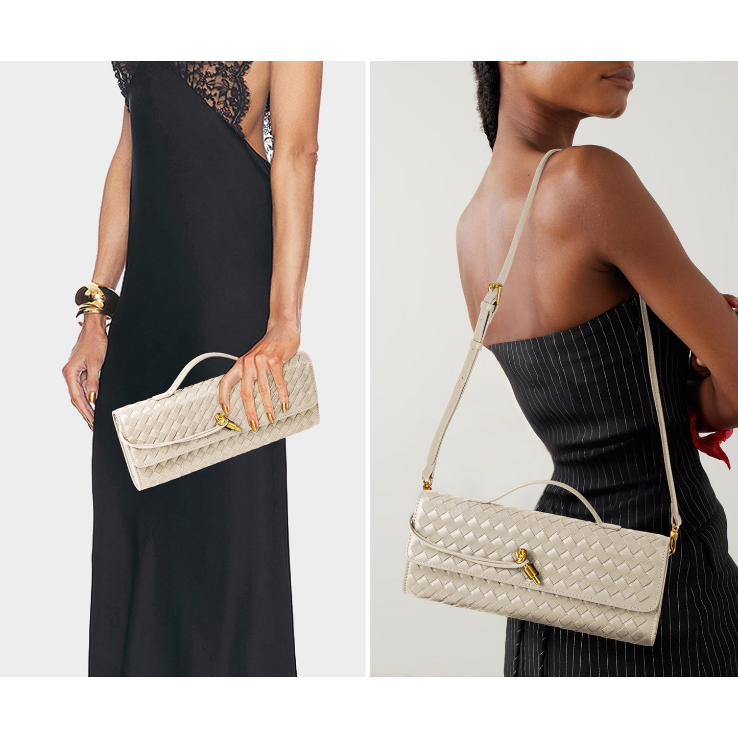 Joryin Woven Purse For Women Evening Clutch Woven Leather Handbags Crossbody Bag Suede Purse Formal Evening Bag, Seashell Beige