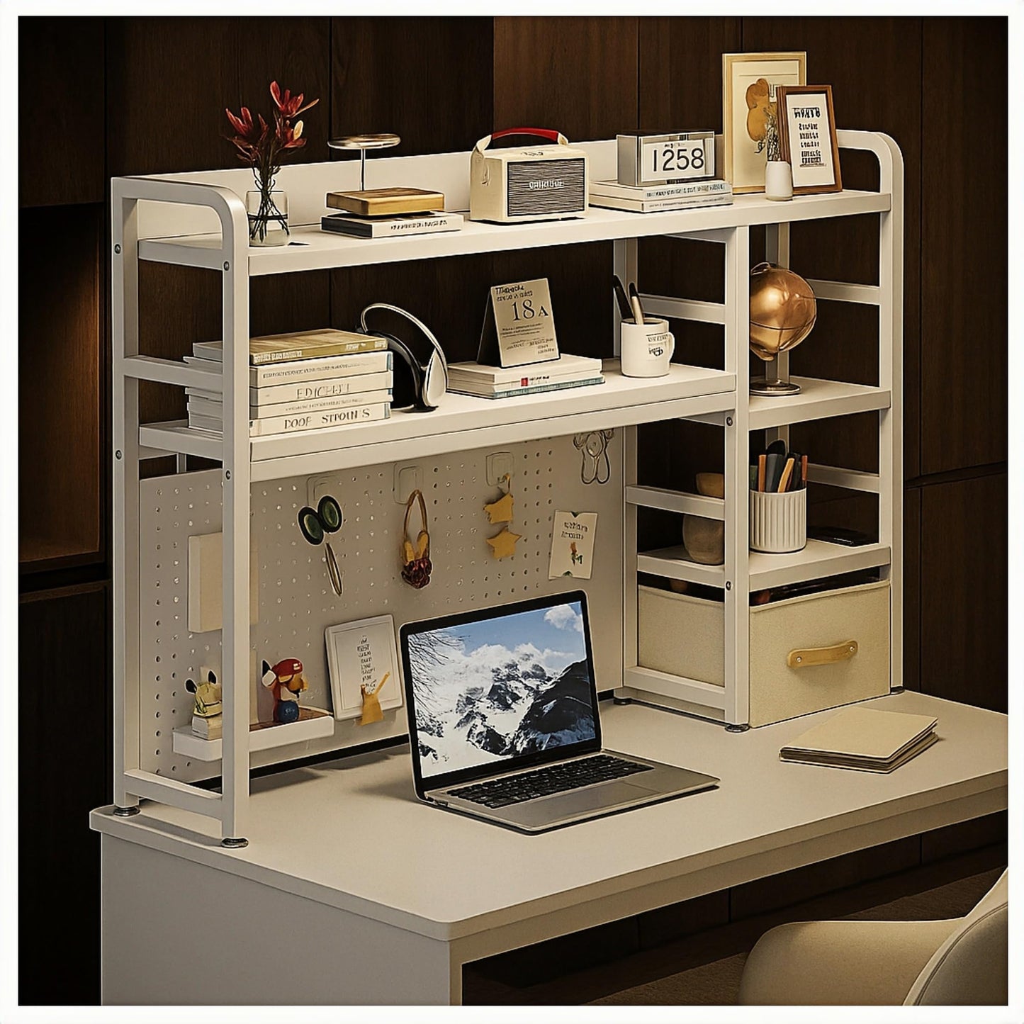 Desktop Bookshelf, pegboard Storage and Organization Rack, Dorm Desk Shelf, Desk Hutch, Desktop Storage for Office, Study, Student Display Rack,Desktop Shelves (White 45.3" Lx9.9 Wx37 H)