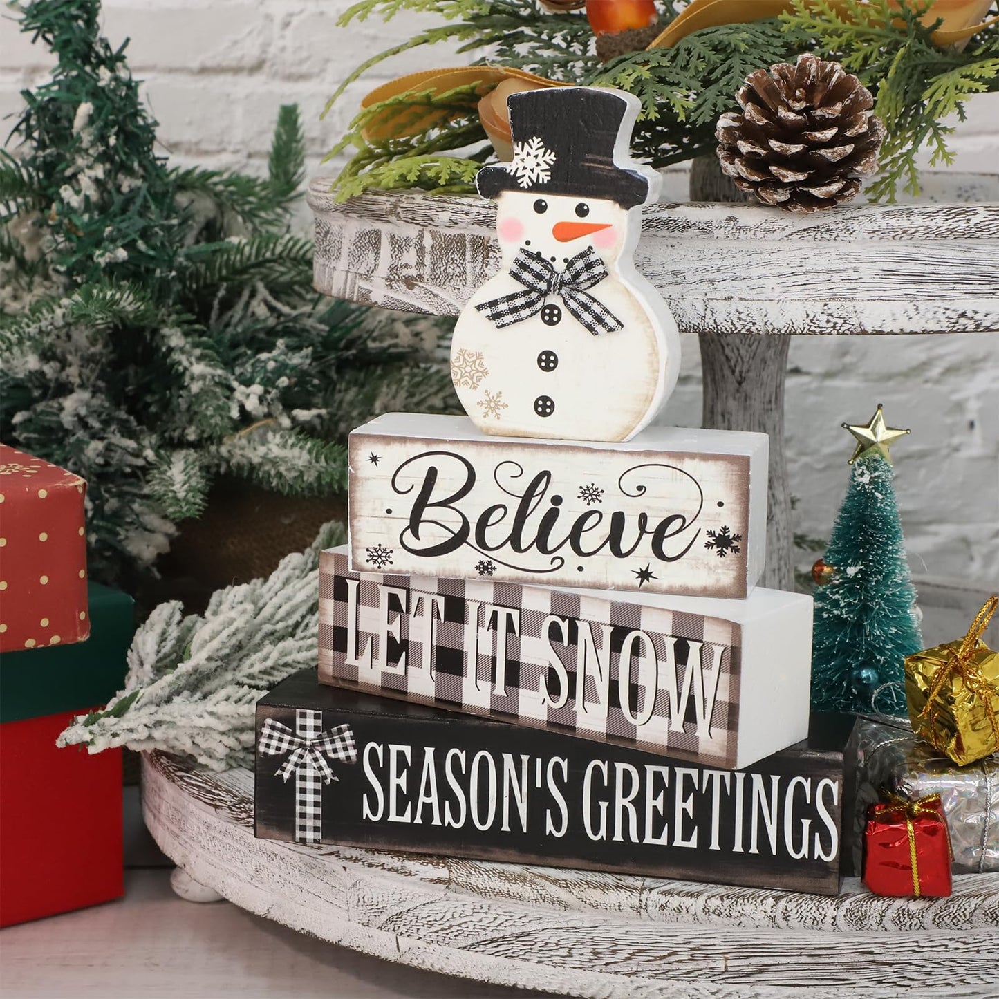 4 Pcs Christmas Decorations Indoor Wooden Snowman Table Sign Decor Table Centerpieces Xmas Merry Christmas Tabletop Block for Holiday Office Desk Tiered Tray Party Shelf Decor Double-sided Pattern